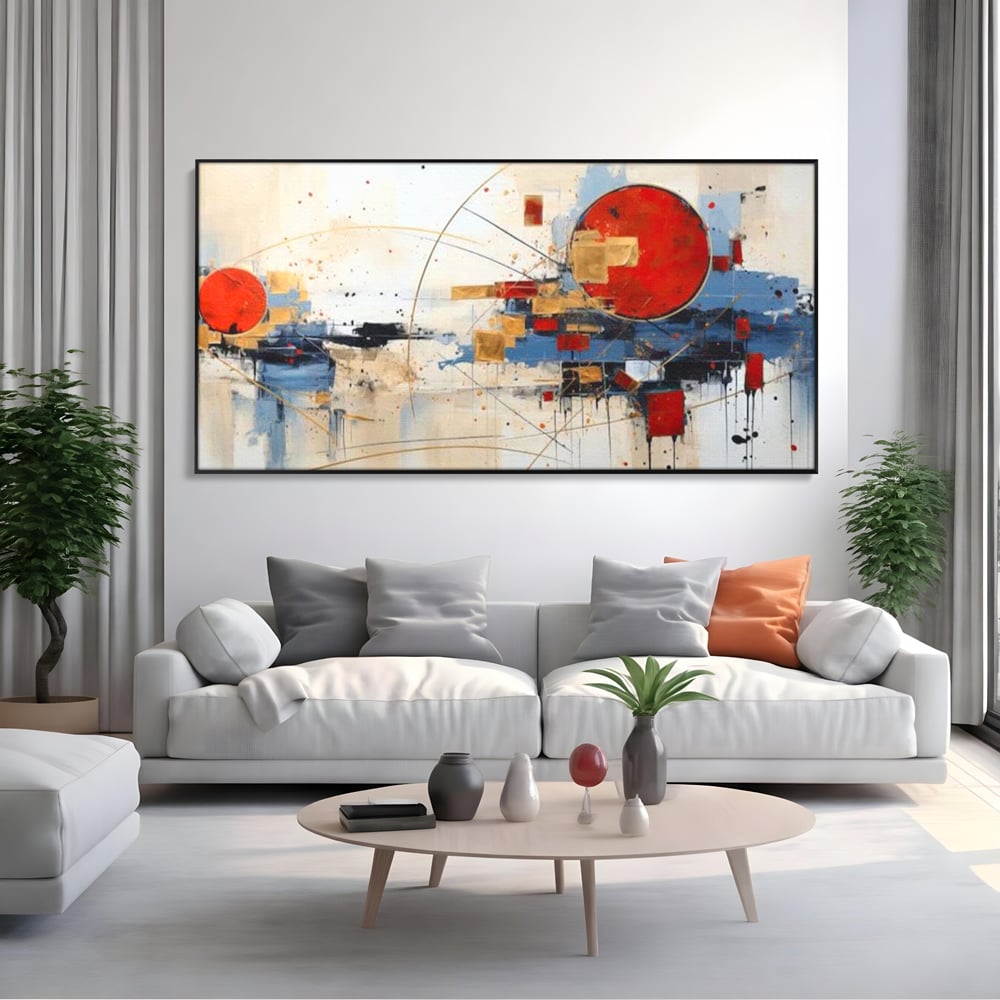 Tablou canvas cu tablou abstract cu cerc rosu si linii, in rama de aluminiu negru, pe perete intr-un living