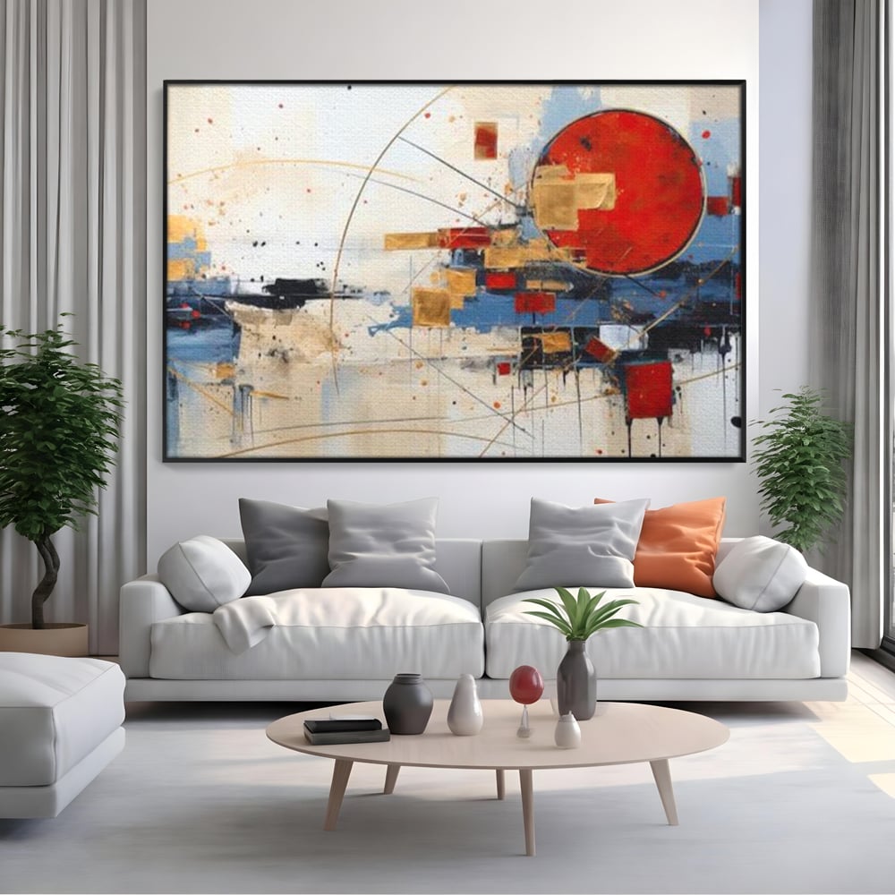 Tablou canvas cu tablou abstract cu cerc rosu si linii, in rama de aluminiu negru, pe perete intr-un living