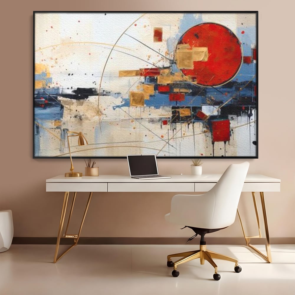 Tablou canvas cu tablou abstract cu cerc rosu si linii, in rama de aluminiu negru, pe perete intr-un birou