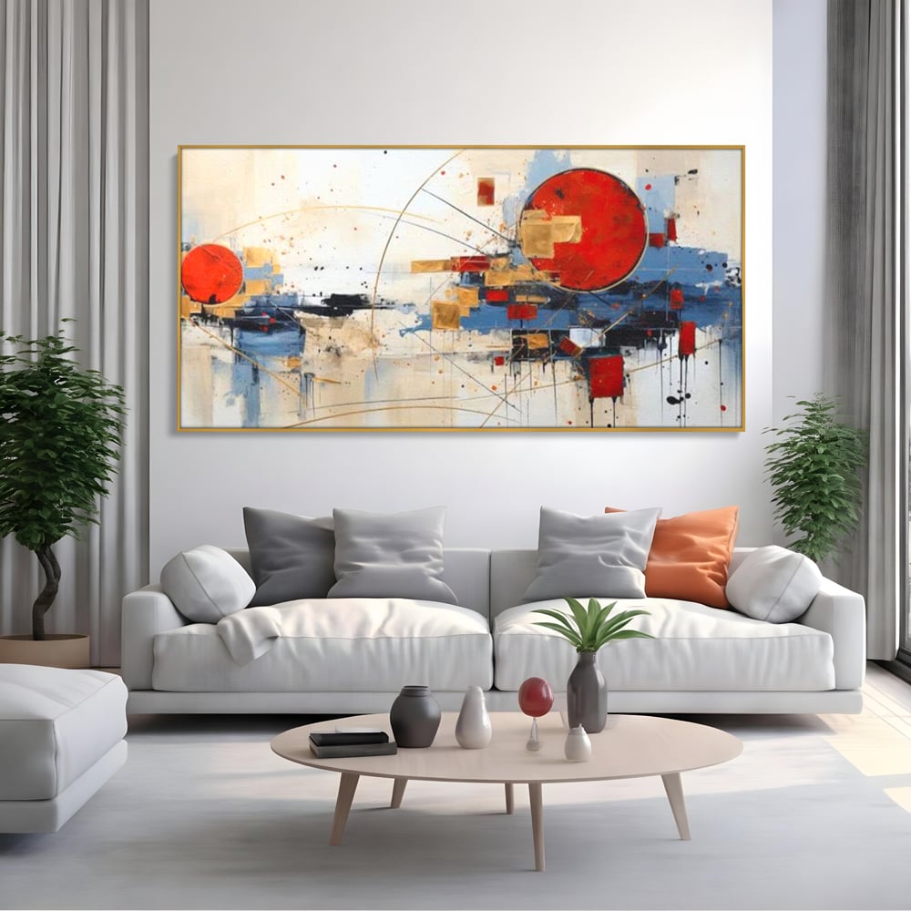 Tablou canvas cu tablou abstract cu cerc rosu si linii, in rama de aluminiu auriu, pe perete intr-un living