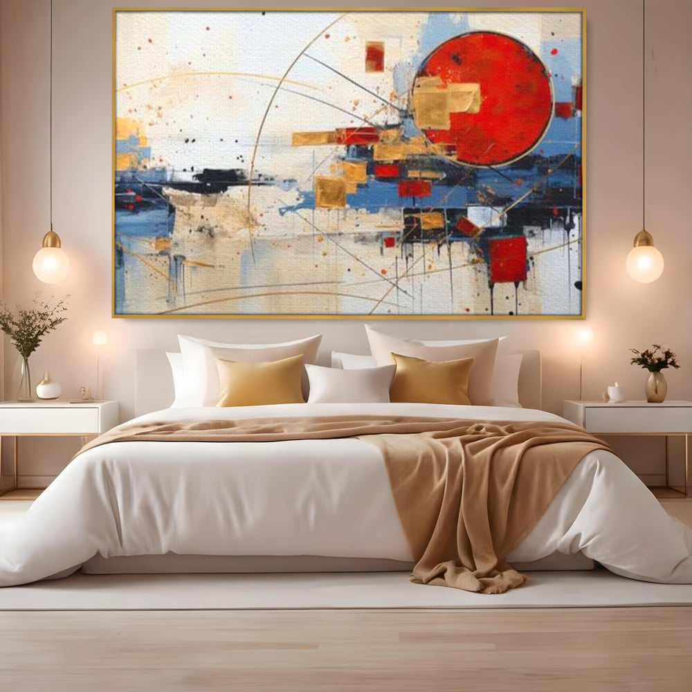 Tablou canvas cu tablou abstract cu cerc rosu si linii, in rama de aluminiu auriu, pe perete intr-un dormitor