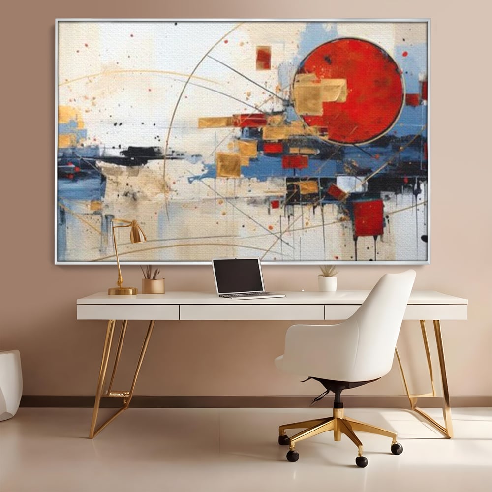 Tablou canvas cu tablou abstract cu cerc rosu si linii, in rama de aluminiu argintiu, pe perete intr-un birou