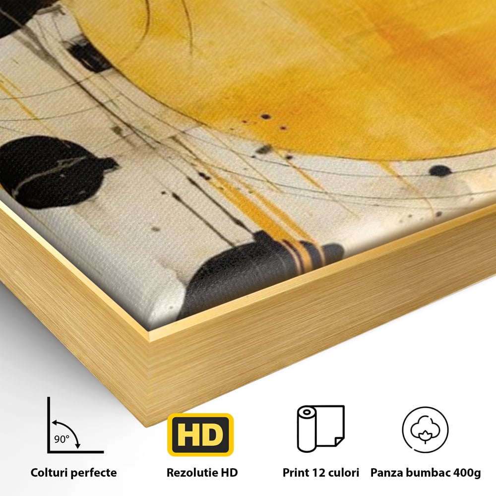 Detaliu al suprafetei: tablou canvas cu cercuri galbene si negre, in rama de aluminiu auriu