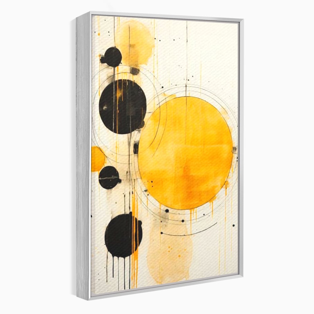 Tablou canvas cu tablou canvas cu cercuri galbene si negre, in rama de aluminiu argintiu