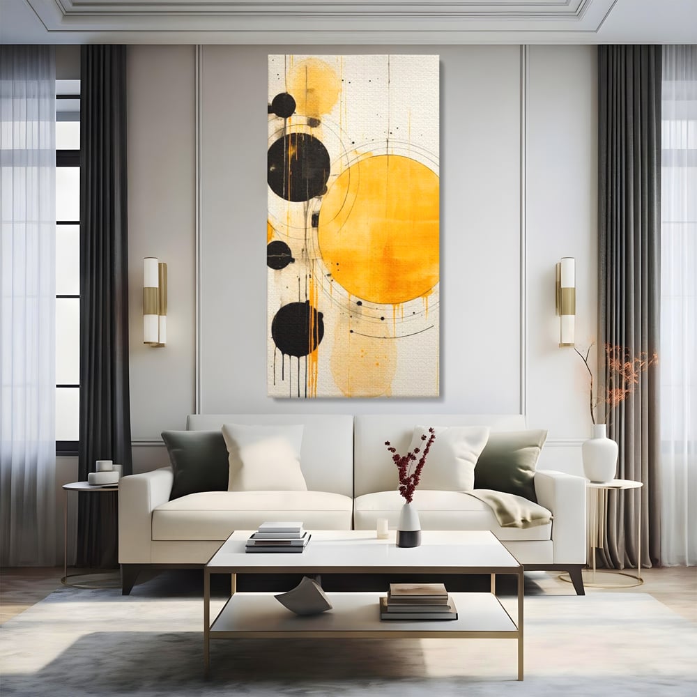 Tablou canvas cu tablou canvas cu cercuri galbene si negre, fara rama, pe sasiu de lemn, pe perete intr-un living