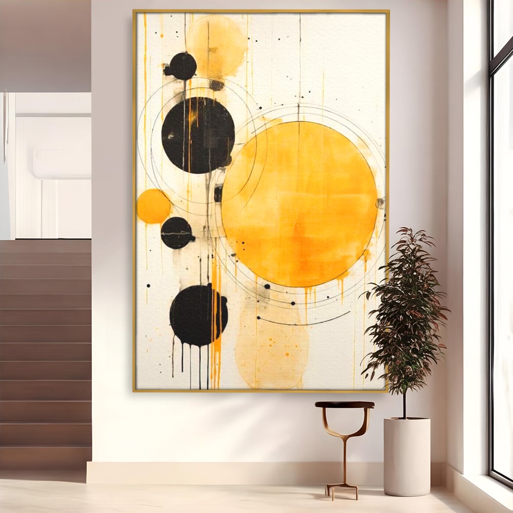 Tablou canvas cu tablou canvas cu cercuri galbene si negre, in rama de aluminiu auriu