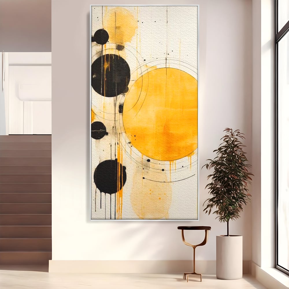Tablou canvas cu tablou canvas cu cercuri galbene si negre, in rama de aluminiu argintiu