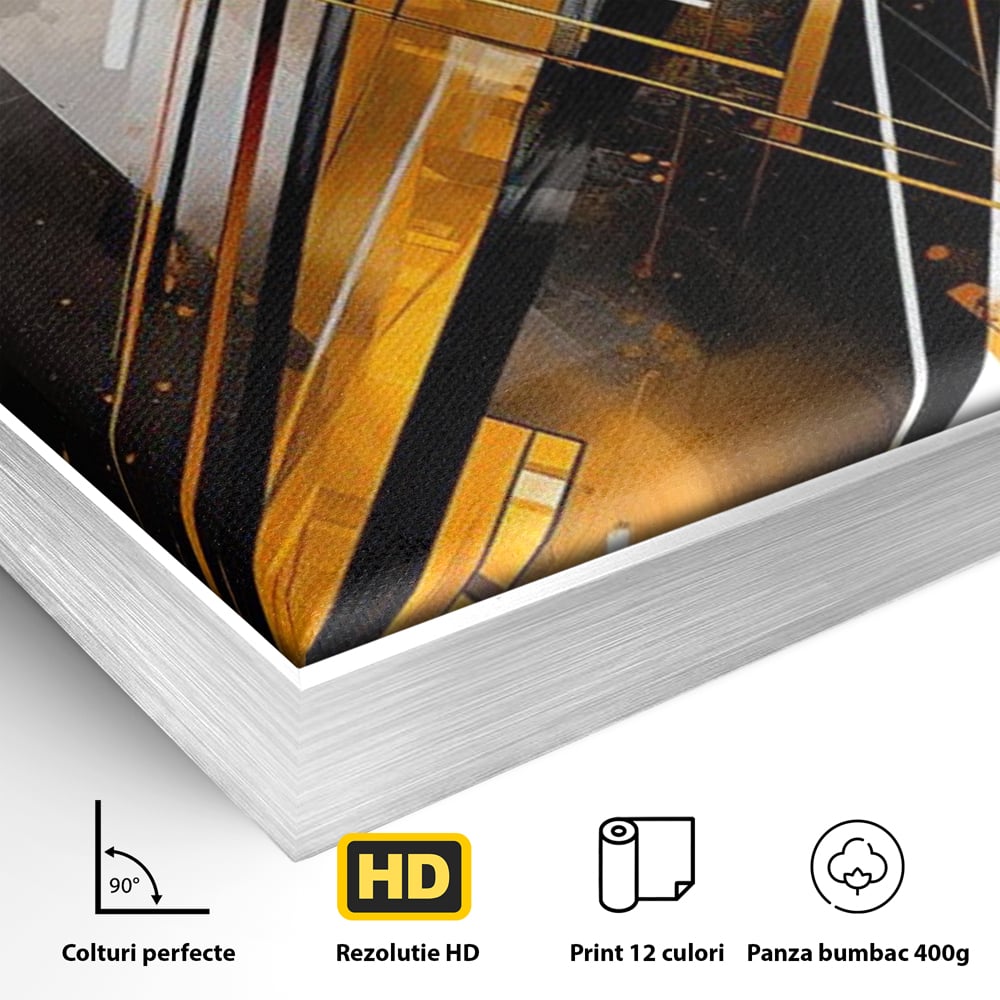 Detaliu al suprafetei: tablou canvas cu forme geometrice abstracte, in rama de aluminiu argintiu