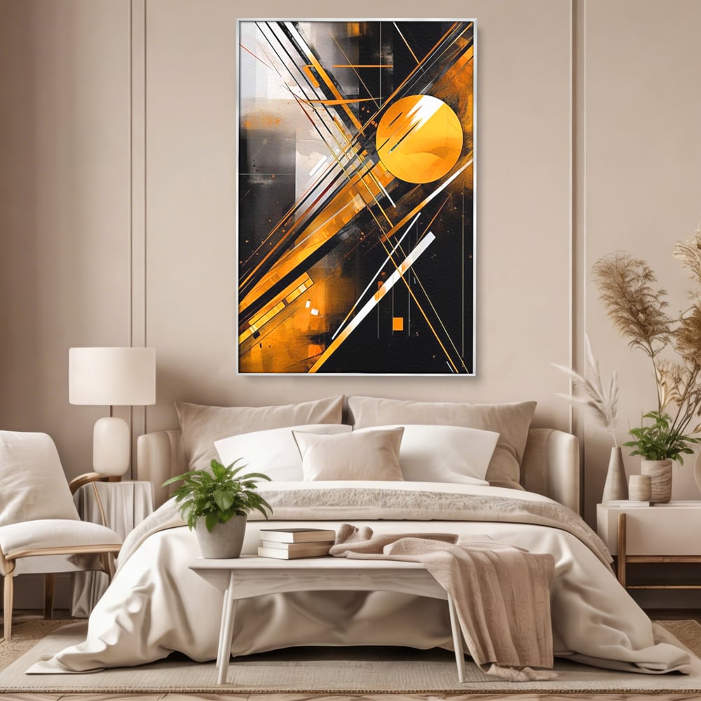 Tablou canvas cu tablou canvas cu forme geometrice abstracte, in rama de aluminiu argintiu, pe perete intr-un dormitor