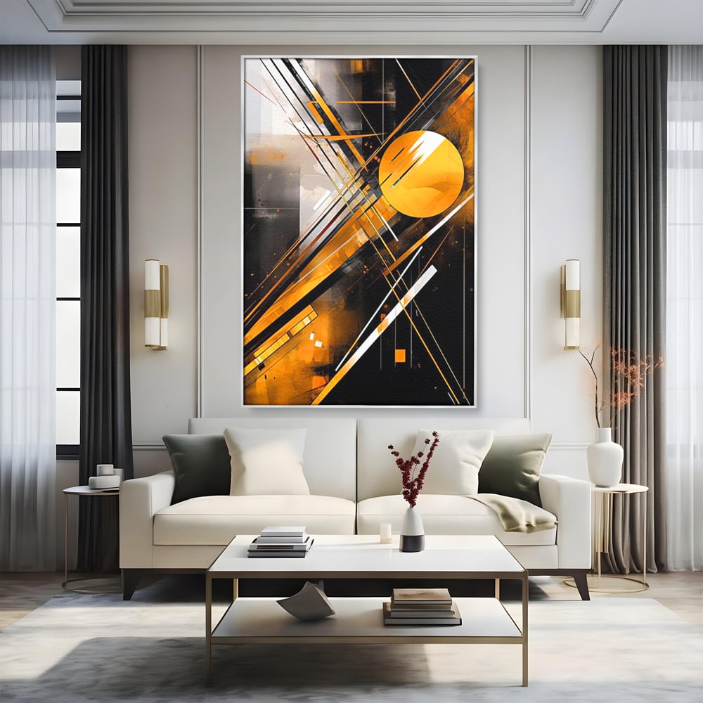 Tablou canvas cu tablou canvas cu forme geometrice abstracte, in rama de aluminiu argintiu, pe perete intr-un living