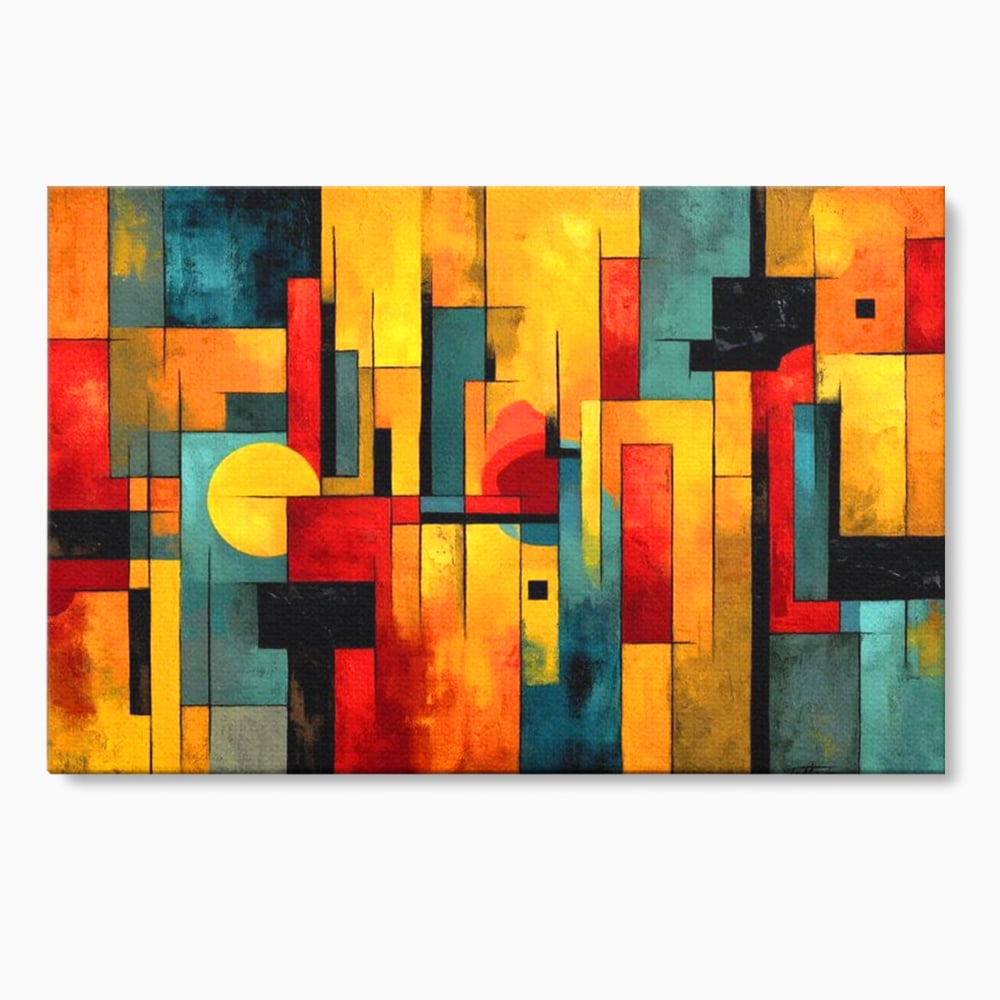 Tablou canvas cu pictura abstracta cu forme geometrice urbane, fara rama, pe sasiu de lemn