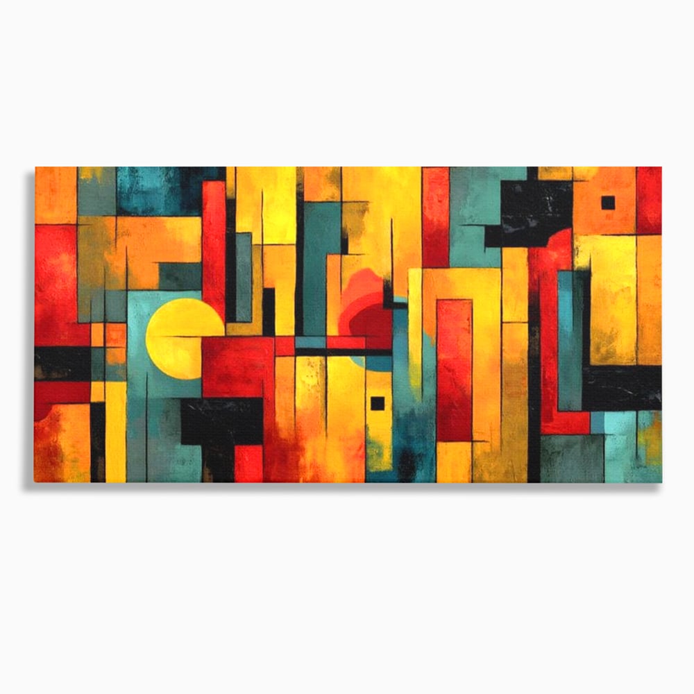 Tablou canvas cu pictura abstracta cu forme geometrice urbane, fara rama, pe sasiu de lemn