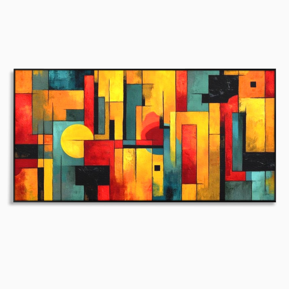 Tablou canvas cu pictura abstracta cu forme geometrice urbane, in rama de aluminiu negru