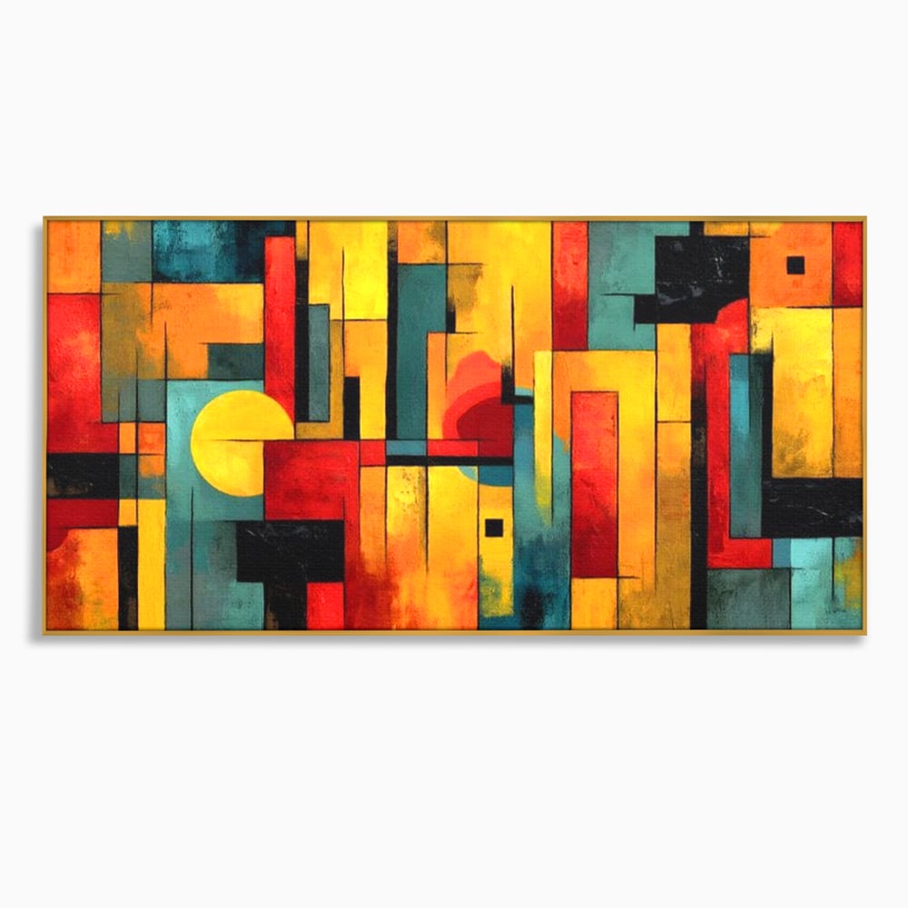 Tablou canvas cu pictura abstracta cu forme geometrice urbane, in rama de aluminiu auriu