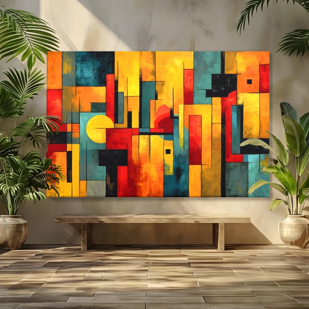 Tablou canvas cu pictura abstracta cu forme geometrice urbane, fara rama, pe sasiu de lemn