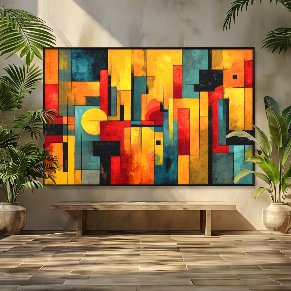 Tablou canvas cu pictura abstracta cu forme geometrice urbane, in rama de aluminiu negru