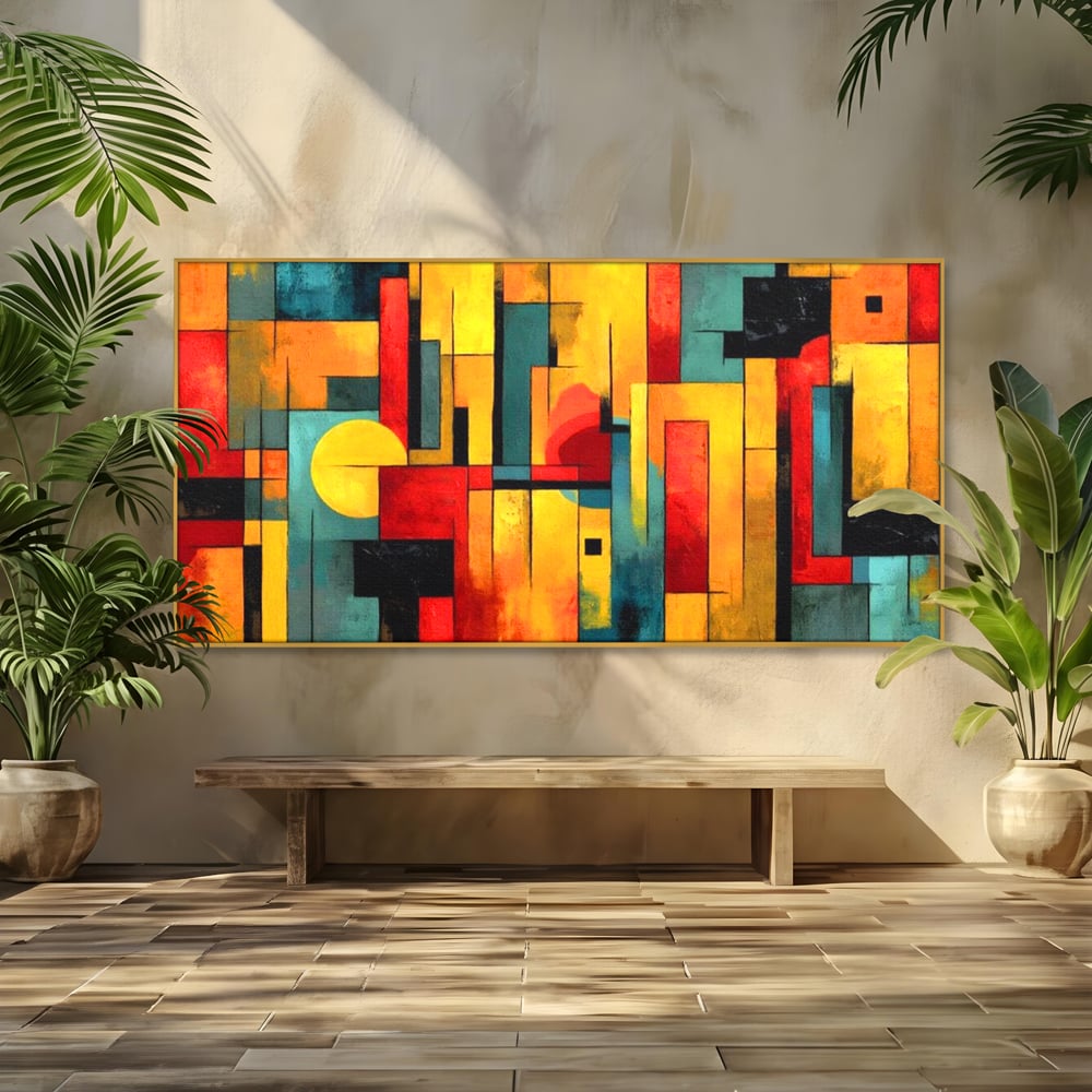 Tablou canvas cu pictura abstracta cu forme geometrice urbane, in rama de aluminiu auriu