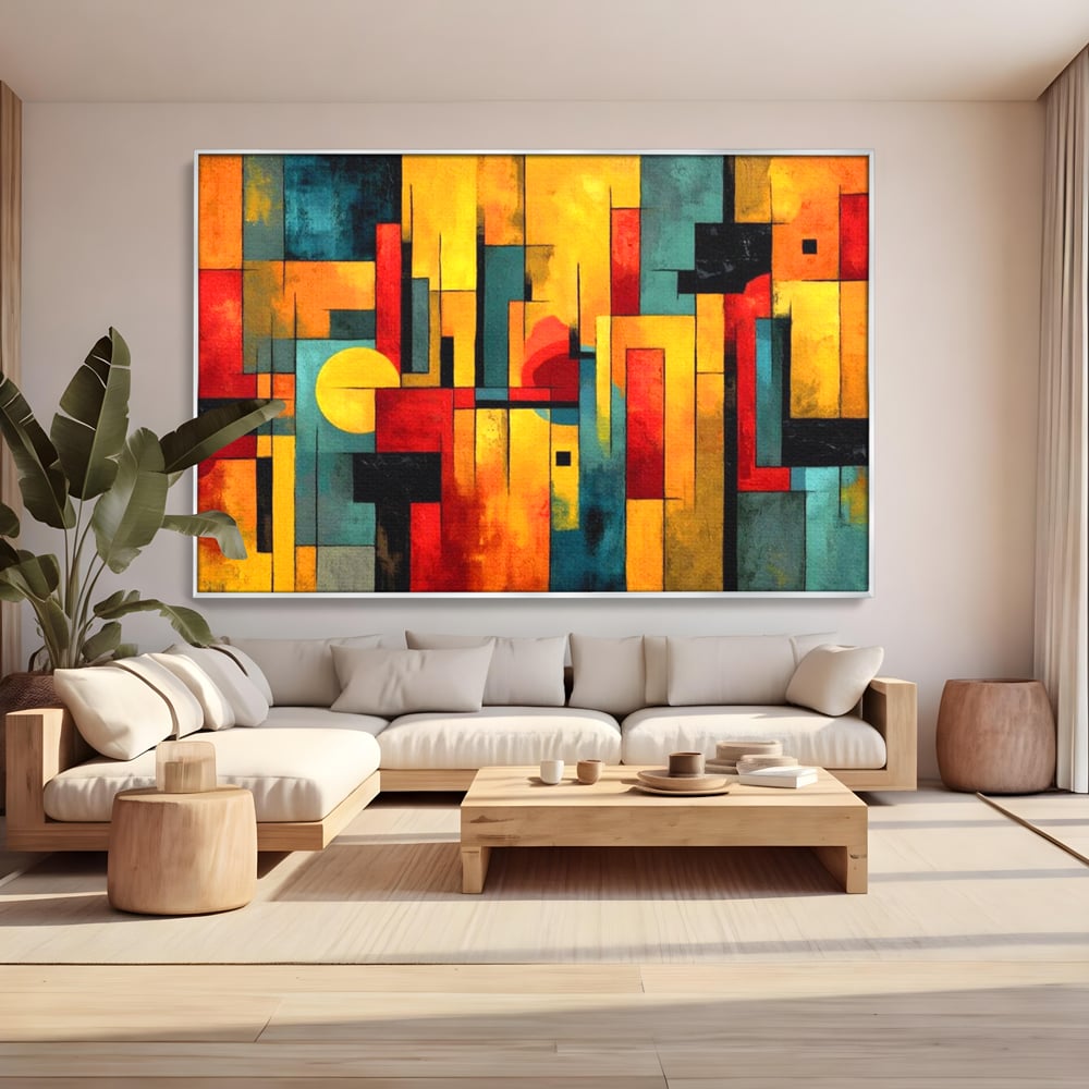 Tablou canvas cu pictura abstracta cu forme geometrice urbane, in rama de aluminiu argintiu, pe perete intr-un living