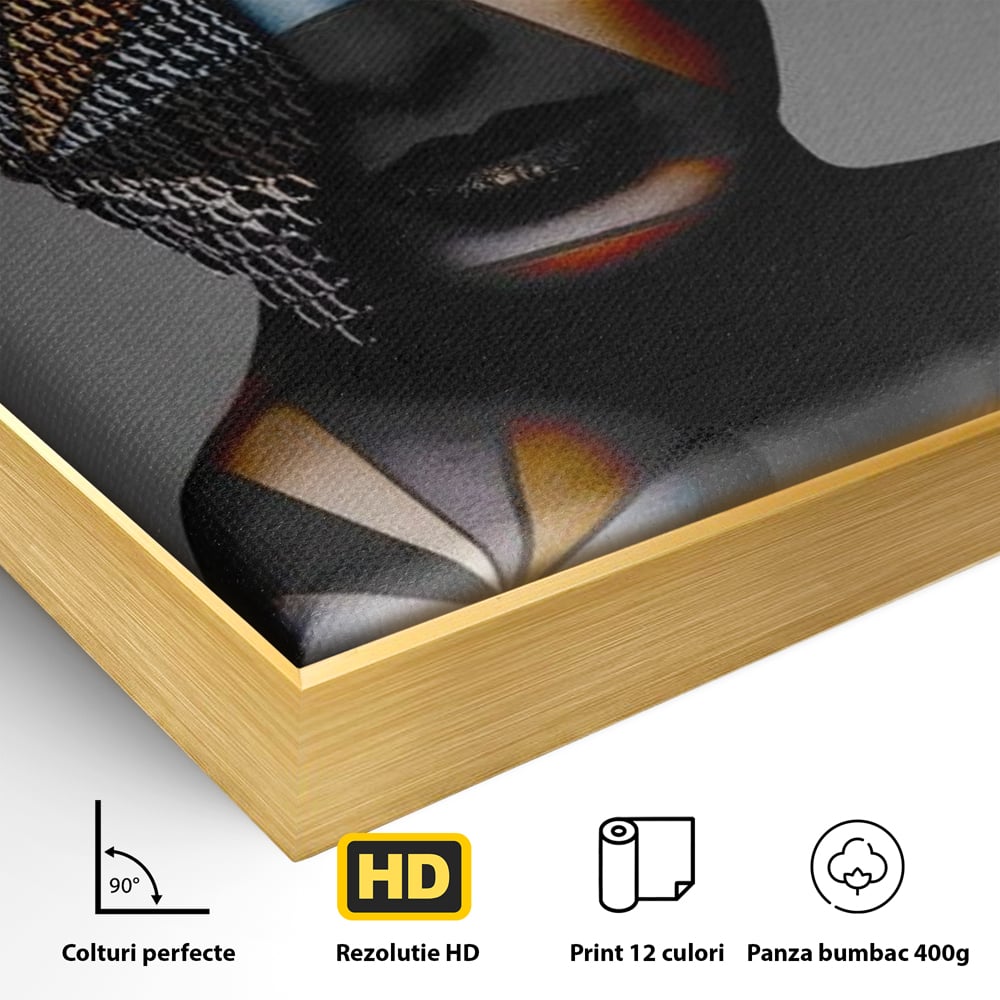Detaliu al suprafetei: tablou canvas cu portret feminin si lanturi, in rama de aluminiu auriu