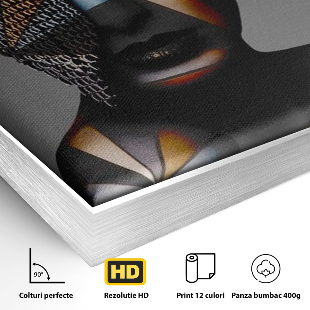 Detaliu al suprafetei: tablou canvas cu portret feminin si lanturi, in rama de aluminiu argintiu