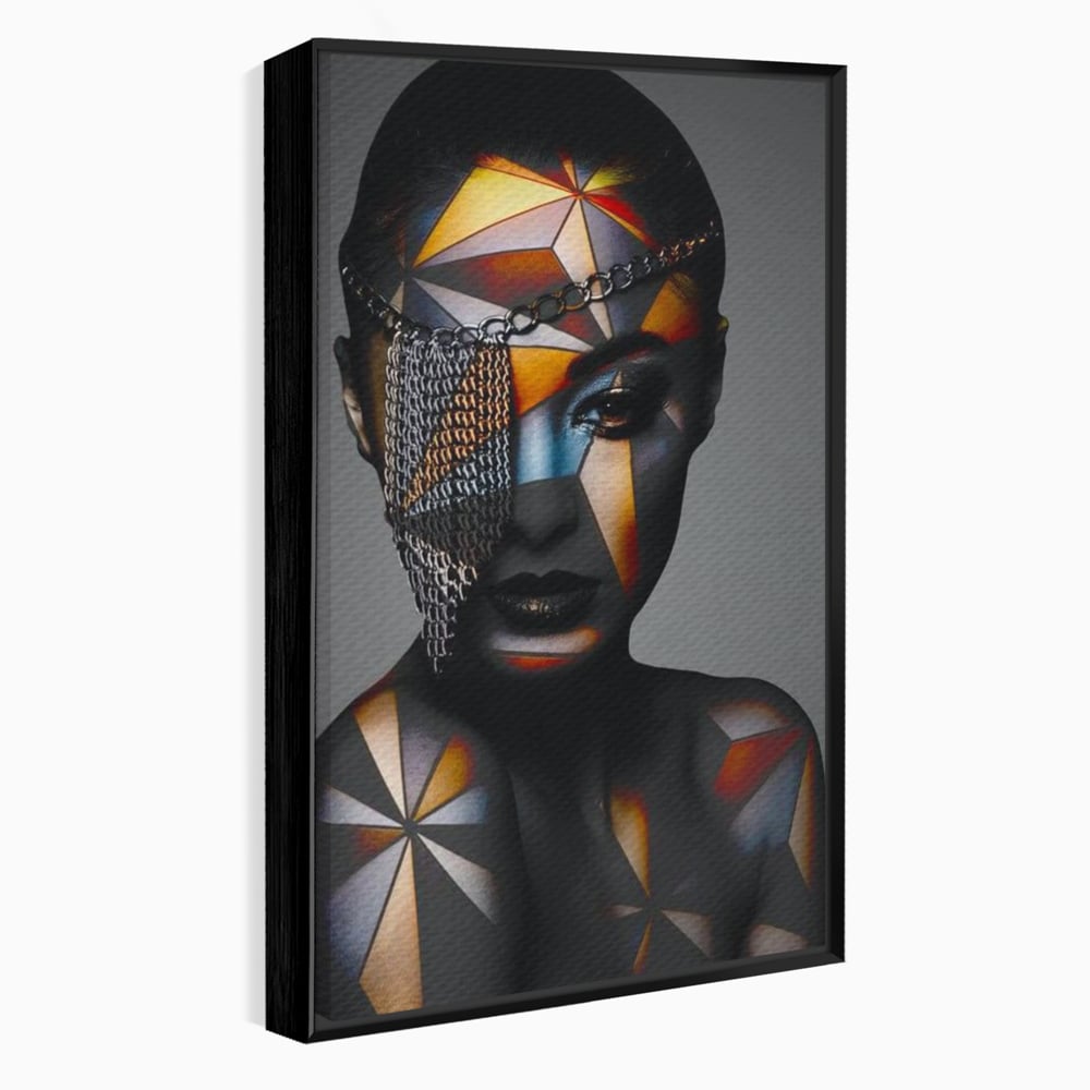 Tablou canvas cu tablou canvas cu portret feminin si lanturi, in rama de aluminiu negru