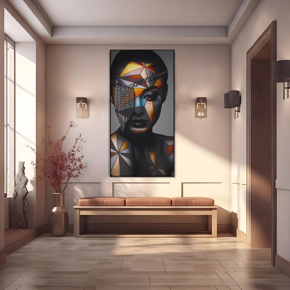 Tablou canvas cu tablou canvas cu portret feminin si lanturi, in rama de aluminiu negru