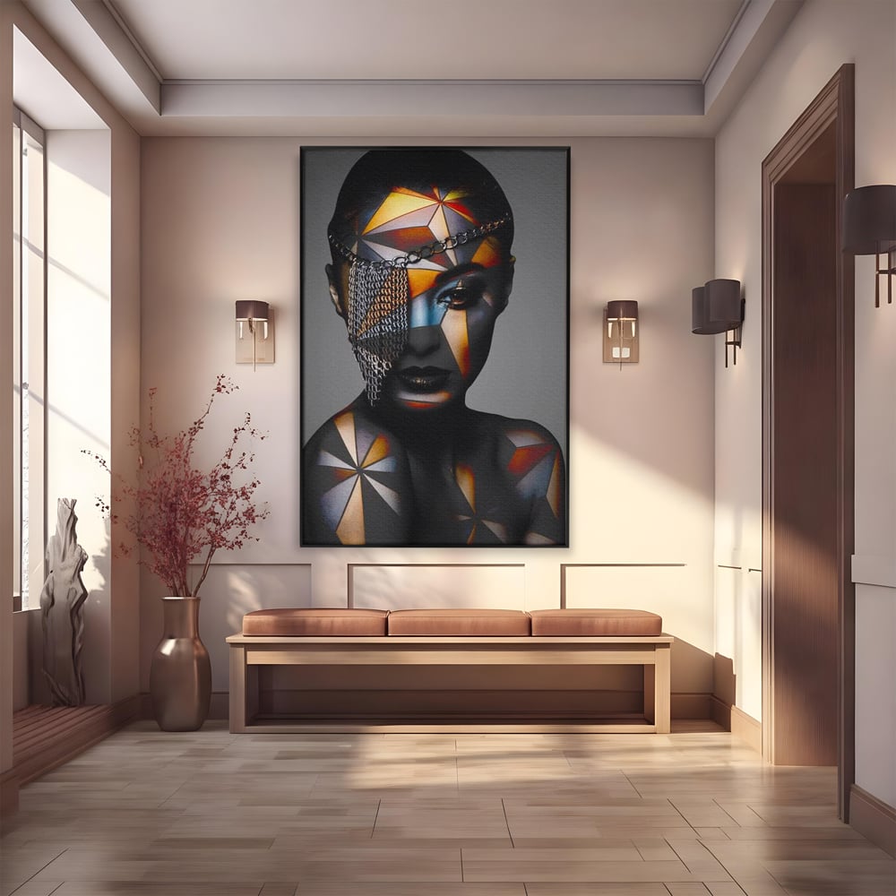 Tablou canvas cu tablou canvas cu portret feminin si lanturi, in rama de aluminiu negru