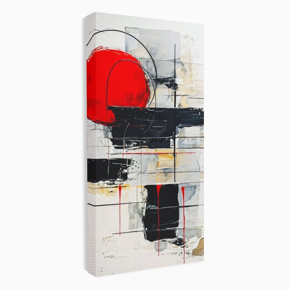 Tablou canvas cu tablou abstract cu cerc rosu si linii negre, fara rama, pe sasiu de lemn