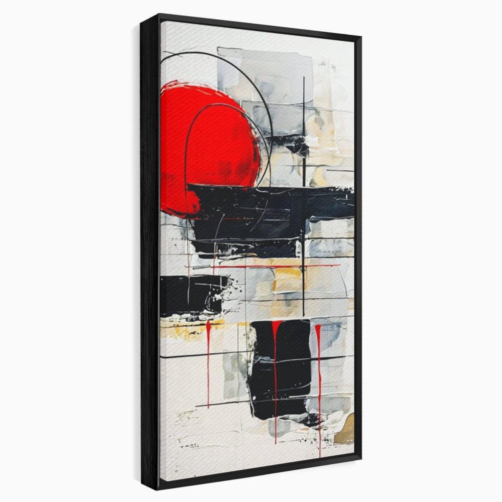 Tablou canvas cu tablou abstract cu cerc rosu si linii negre, in rama de aluminiu negru