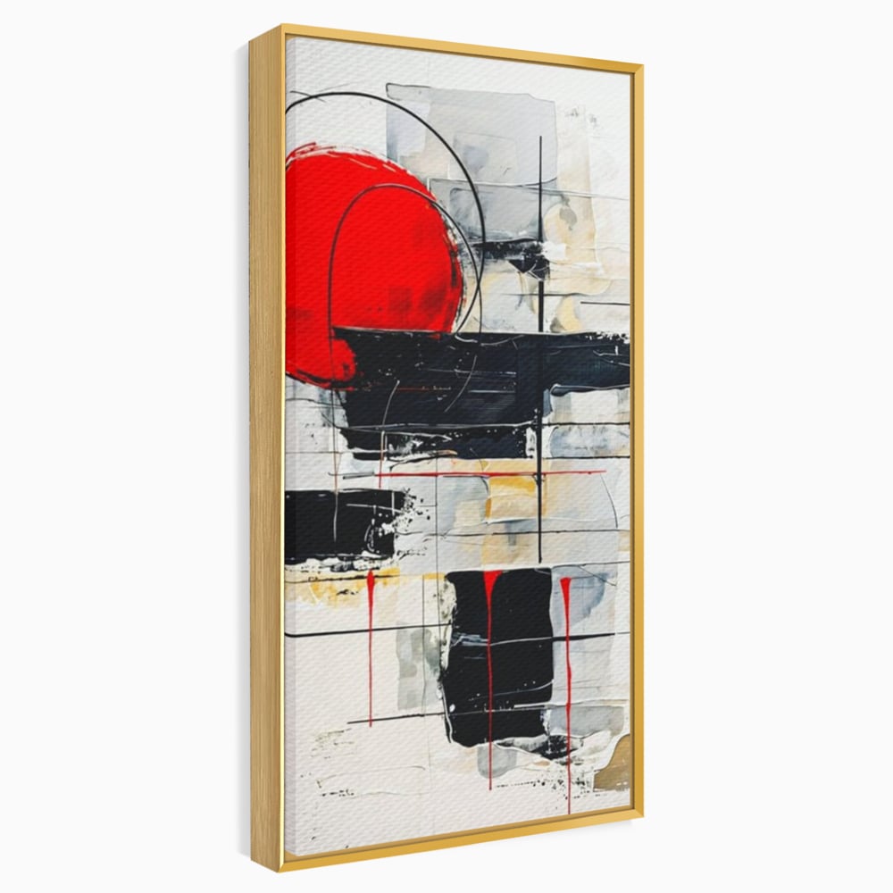 Tablou canvas cu tablou abstract cu cerc rosu si linii negre, in rama de aluminiu auriu