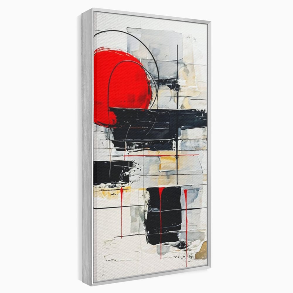 Tablou canvas cu tablou abstract cu cerc rosu si linii negre, in rama de aluminiu argintiu