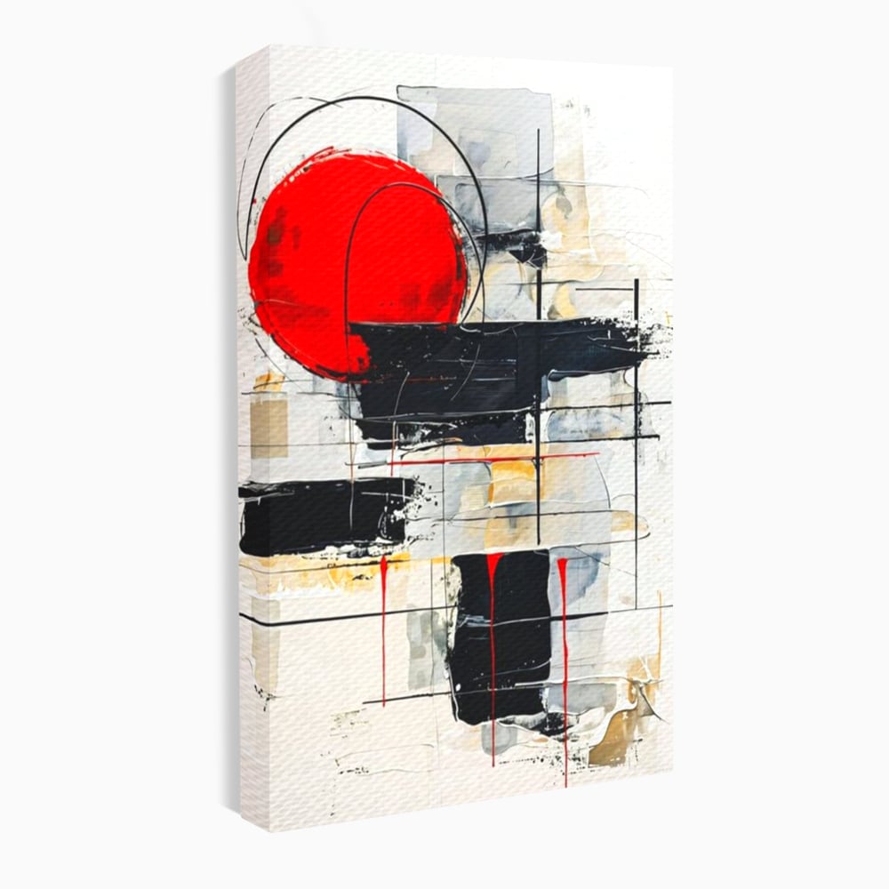 Tablou canvas cu tablou abstract cu cerc rosu si linii negre, fara rama, pe sasiu de lemn