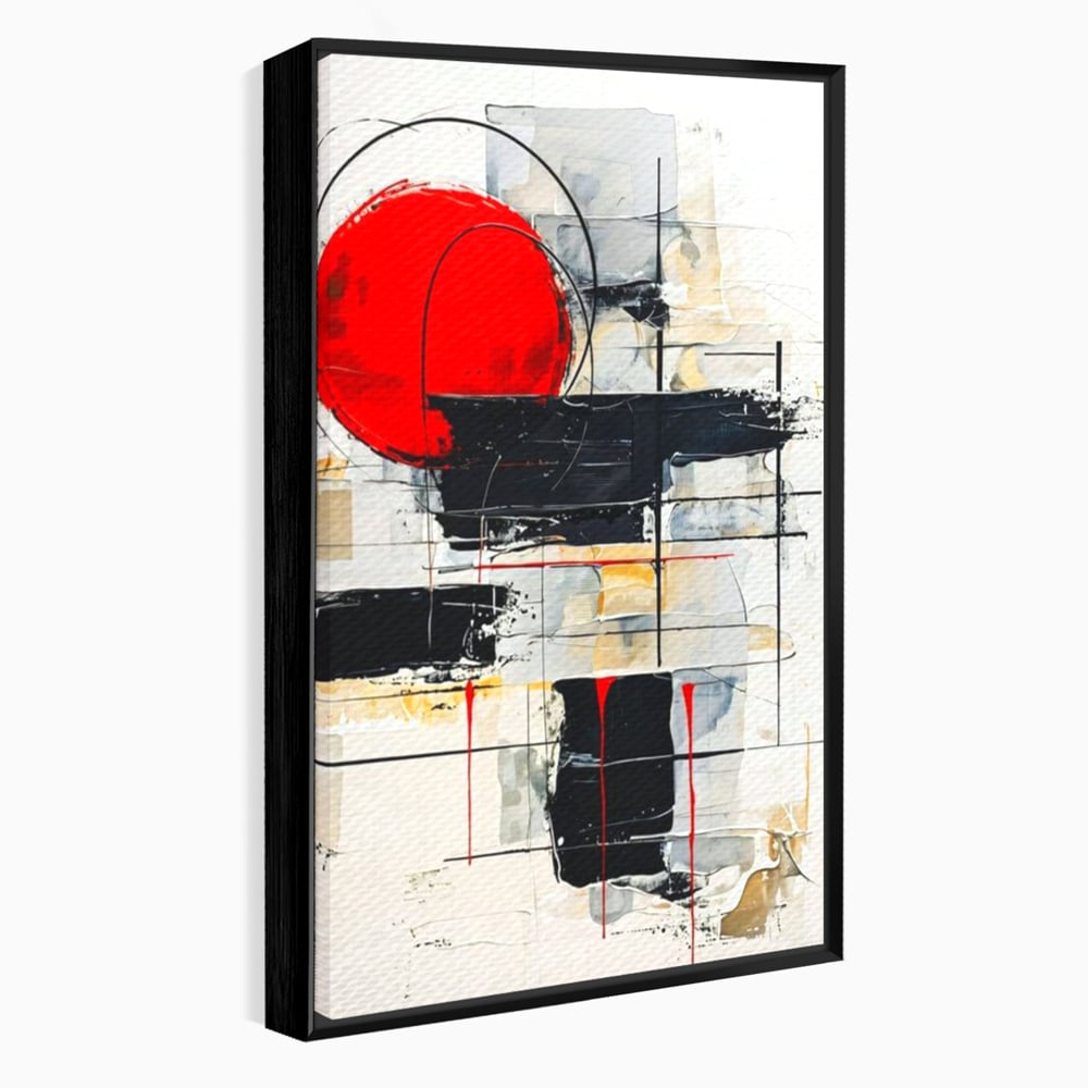 Tablou canvas cu tablou abstract cu cerc rosu si linii negre, in rama de aluminiu negru