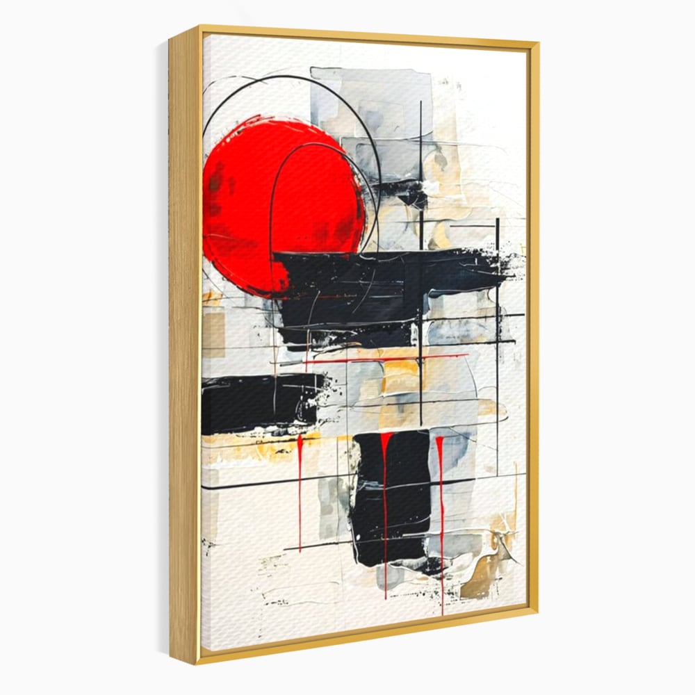 Tablou canvas cu tablou abstract cu cerc rosu si linii negre, in rama de aluminiu auriu