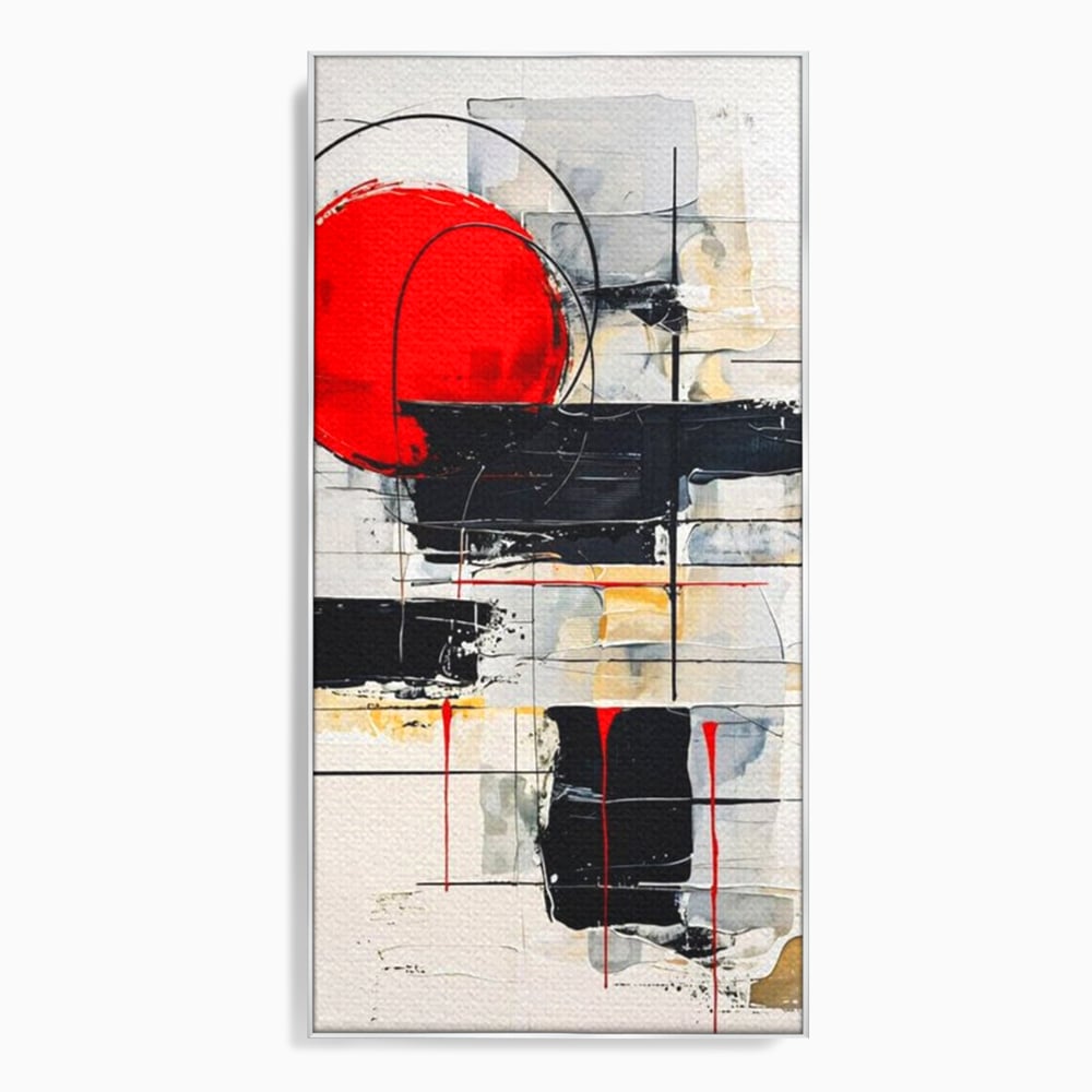 Tablou canvas cu tablou abstract cu cerc rosu si linii negre, in rama de aluminiu argintiu