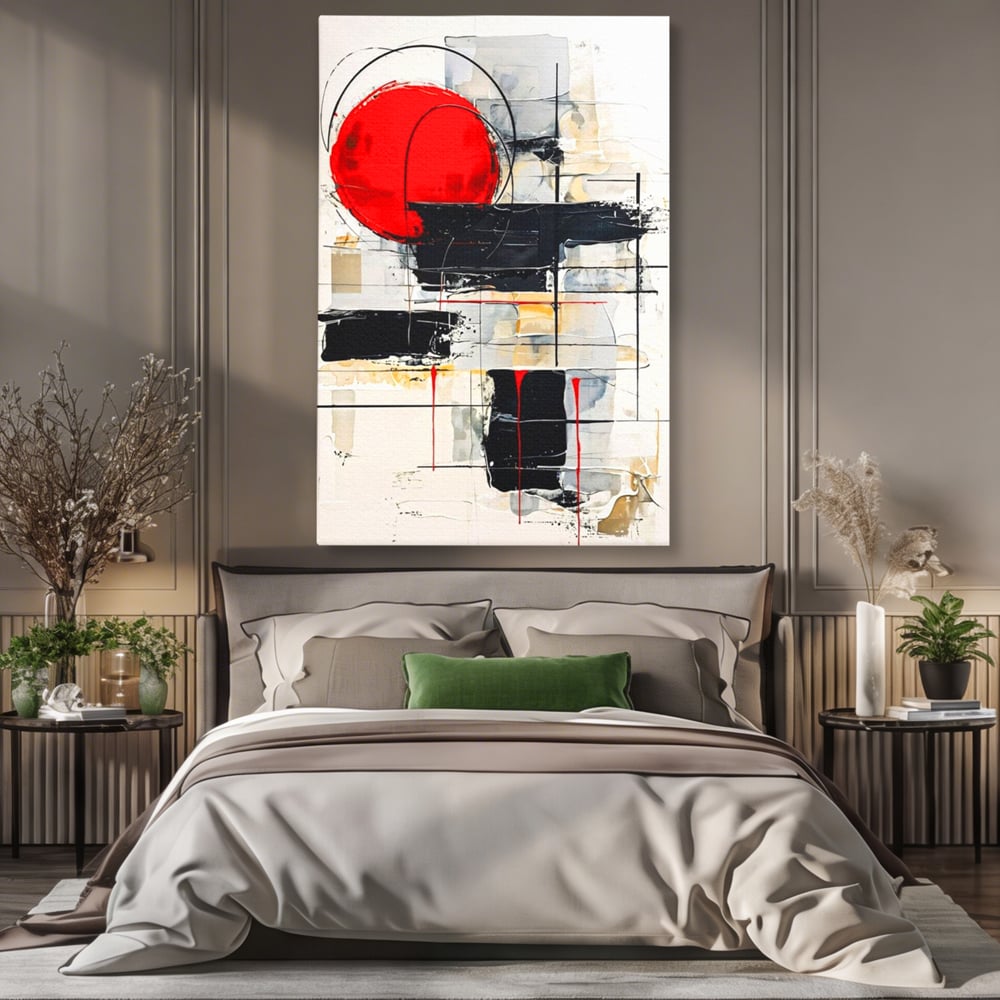 Tablou canvas cu tablou abstract cu cerc rosu si linii negre, fara rama, pe sasiu de lemn, pe perete intr-un dormitor