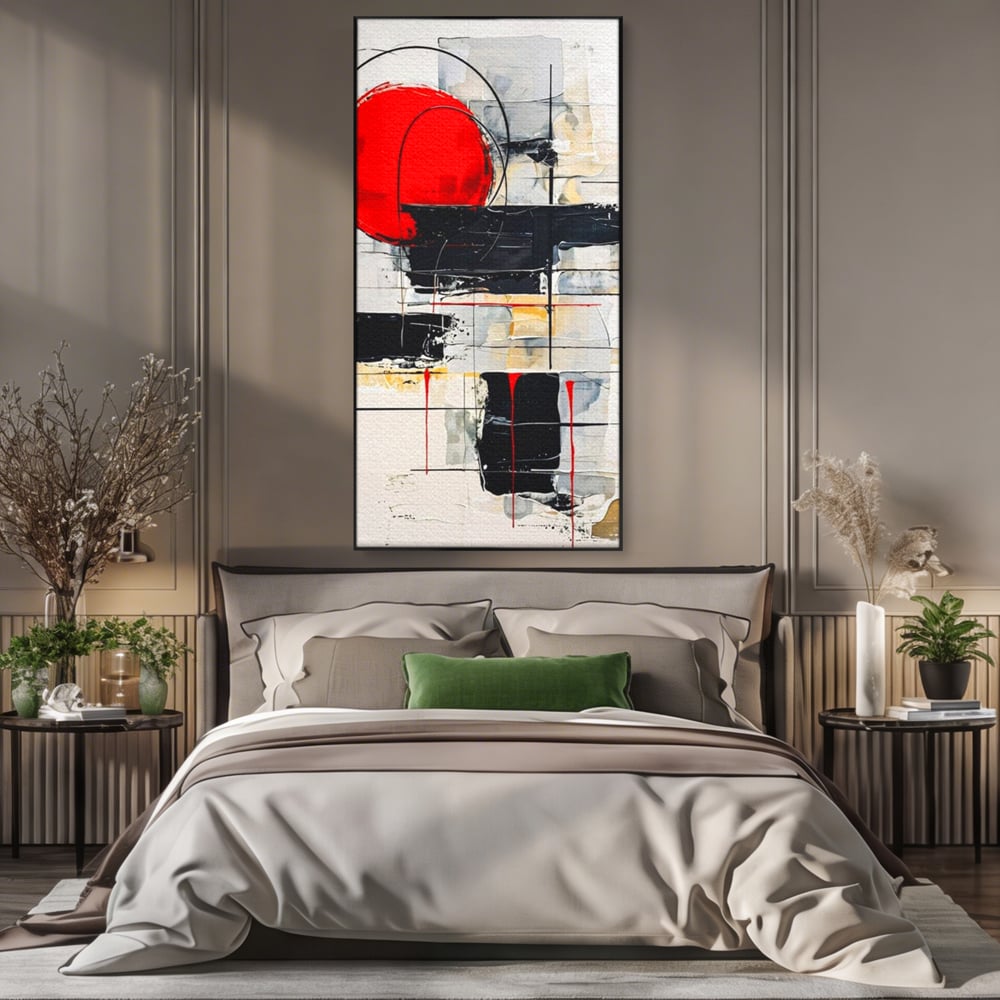 Tablou canvas cu tablou abstract cu cerc rosu si linii negre, in rama de aluminiu negru, pe perete intr-un dormitor