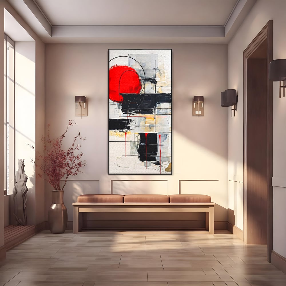 Tablou canvas cu tablou abstract cu cerc rosu si linii negre, in rama de aluminiu negru
