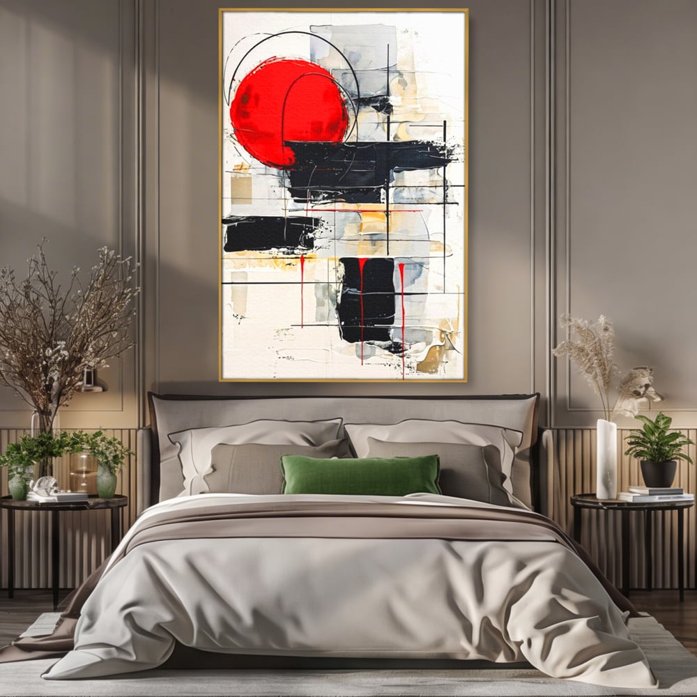 Tablou canvas cu tablou abstract cu cerc rosu si linii negre, in rama de aluminiu auriu, pe perete intr-un dormitor