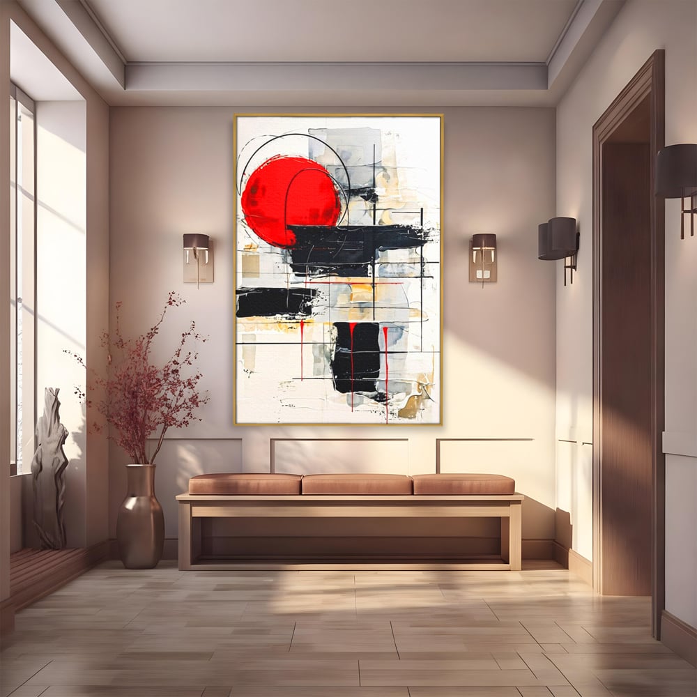 Tablou canvas cu tablou abstract cu cerc rosu si linii negre, in rama de aluminiu auriu