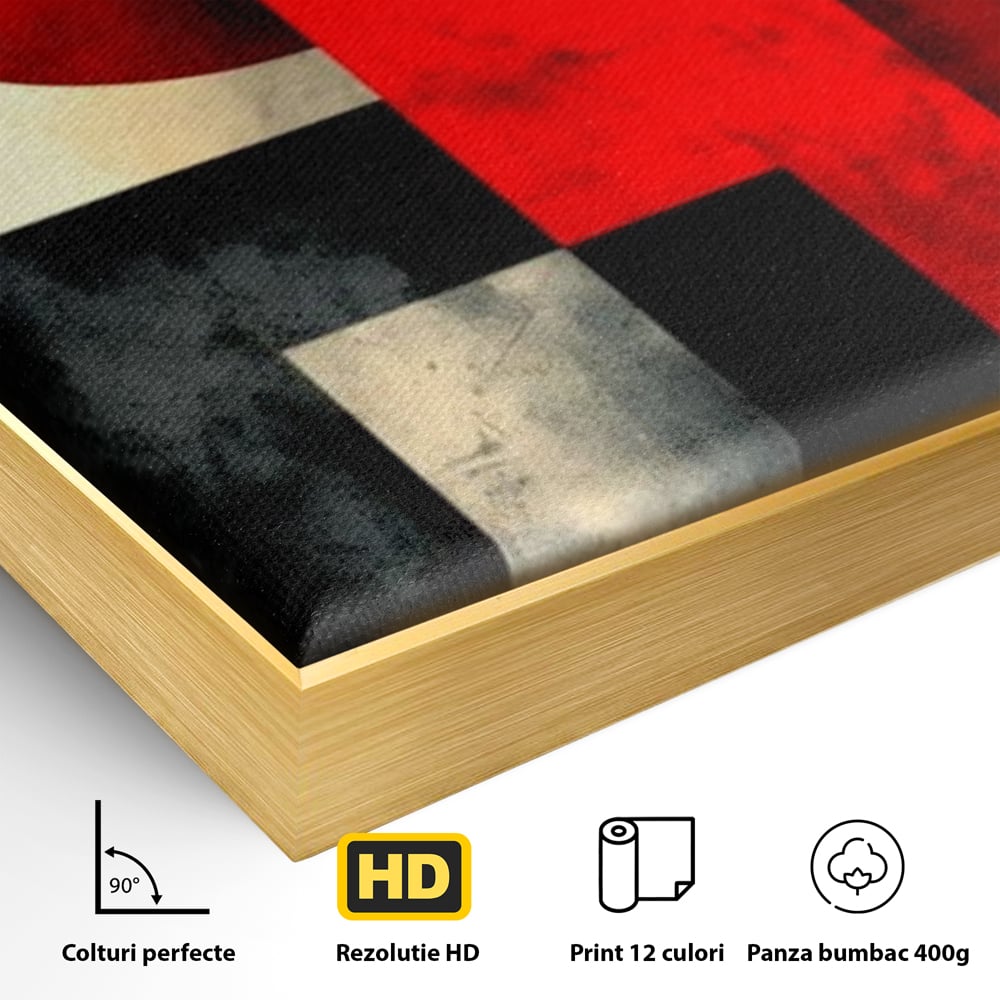 Detaliu al suprafetei: tablou abstract geometric cu soare rosu, in rama de aluminiu auriu