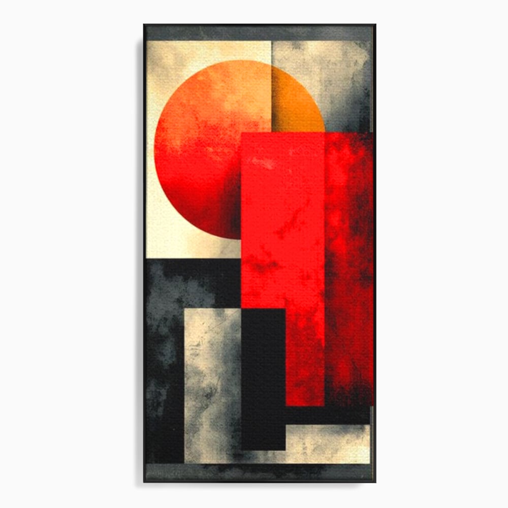 Tablou canvas cu tablou abstract geometric cu soare rosu, in rama de aluminiu negru