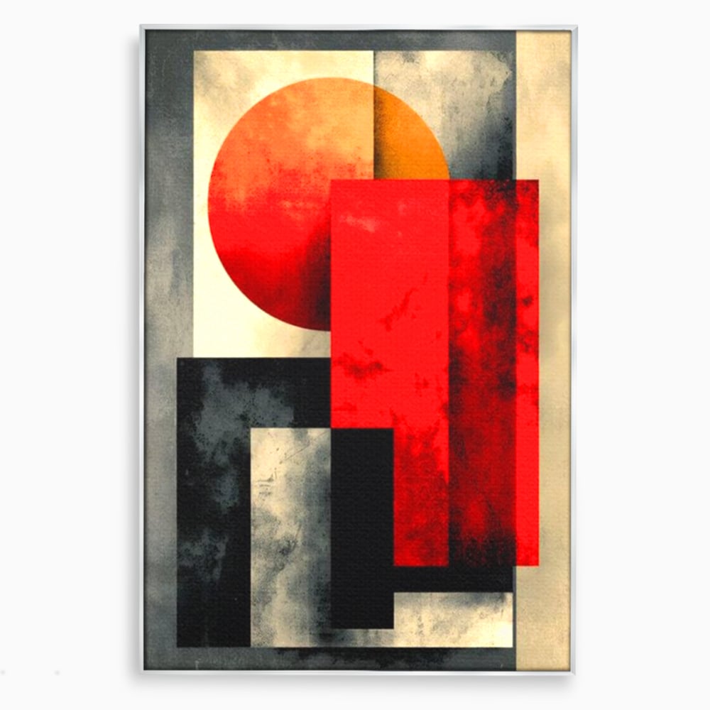 Tablou canvas cu tablou abstract geometric cu soare rosu, in rama de aluminiu argintiu