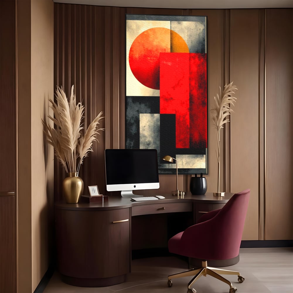 Tablou canvas cu tablou abstract geometric cu soare rosu, in rama de aluminiu negru, pe perete intr-un birou