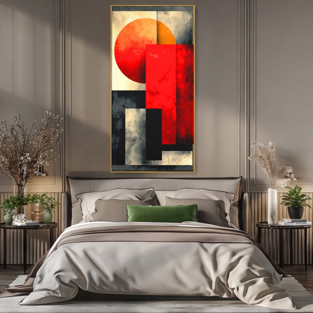 Tablou canvas cu tablou abstract geometric cu soare rosu, in rama de aluminiu auriu, pe perete intr-un dormitor