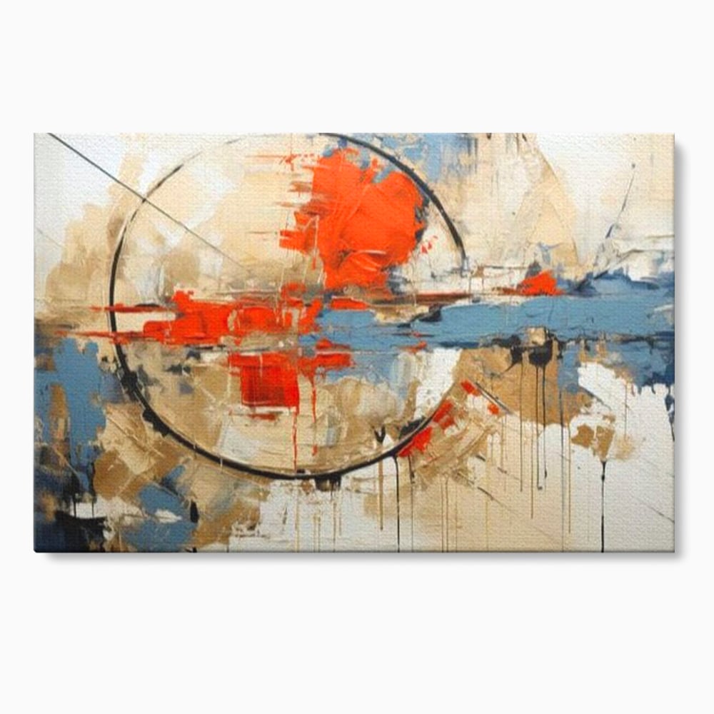 Tablou canvas cu pictura abstracta cu cerc negru si pete rosii, fara rama, pe sasiu de lemn