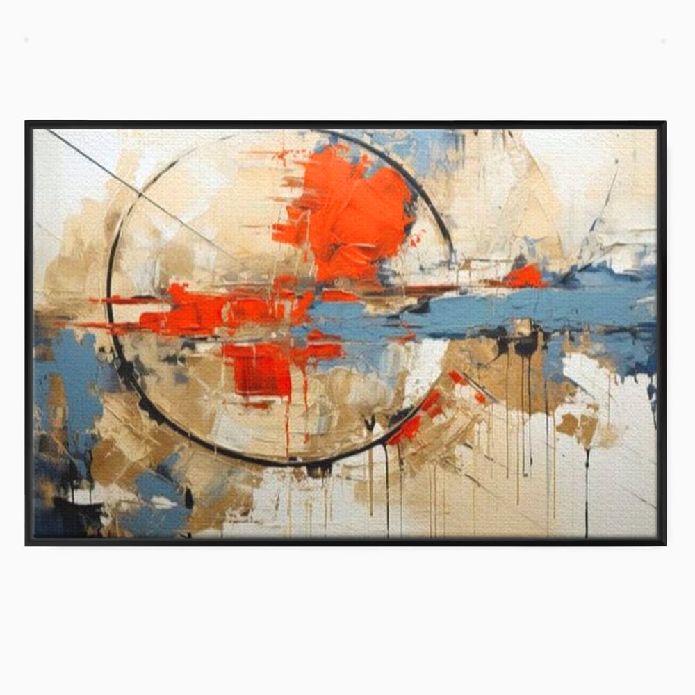 Tablou canvas cu pictura abstracta cu cerc negru si pete rosii, in rama de aluminiu negru