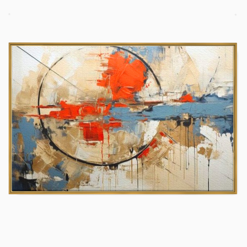 Tablou canvas cu pictura abstracta cu cerc negru si pete rosii, in rama de aluminiu auriu