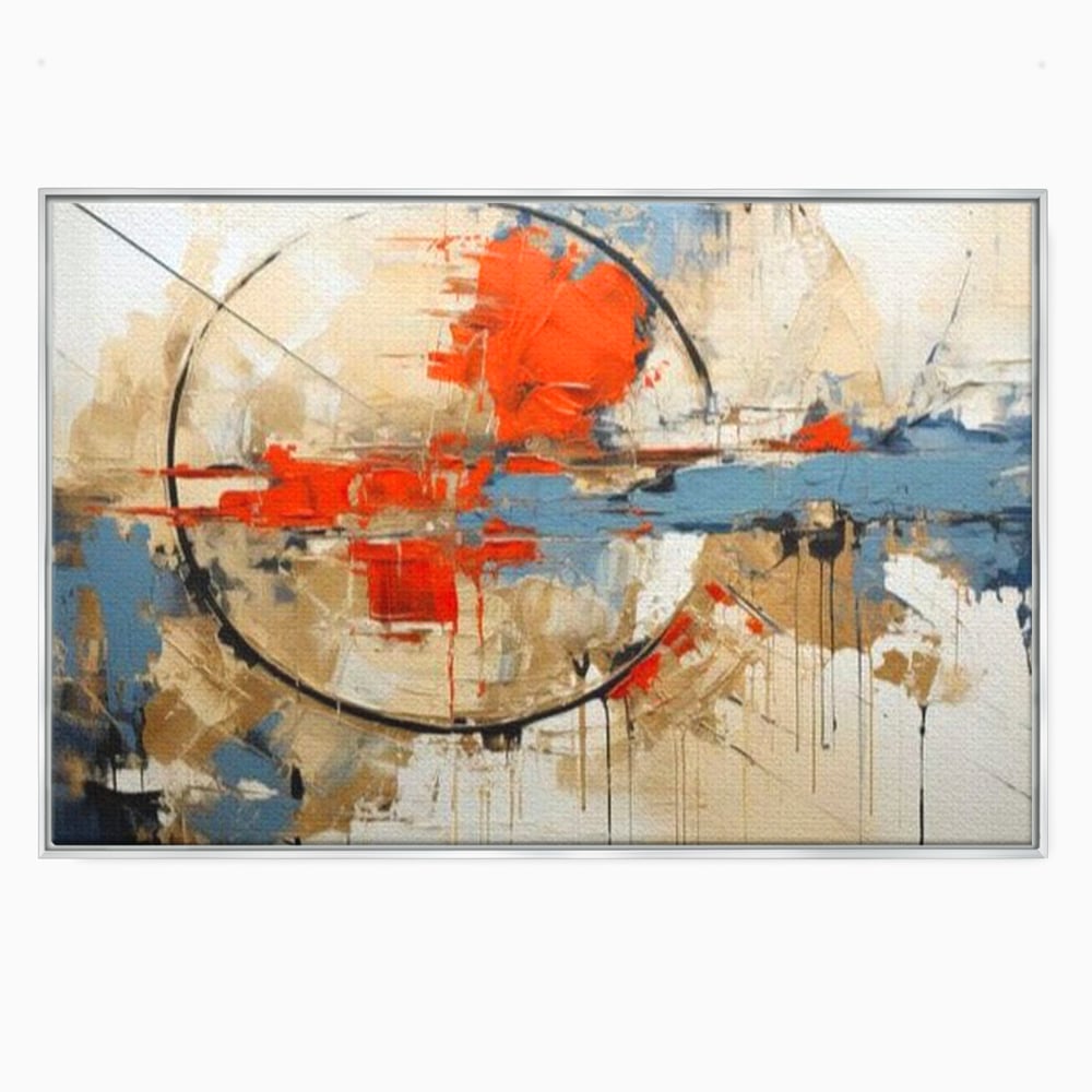 Tablou canvas cu pictura abstracta cu cerc negru si pete rosii, in rama de aluminiu argintiu