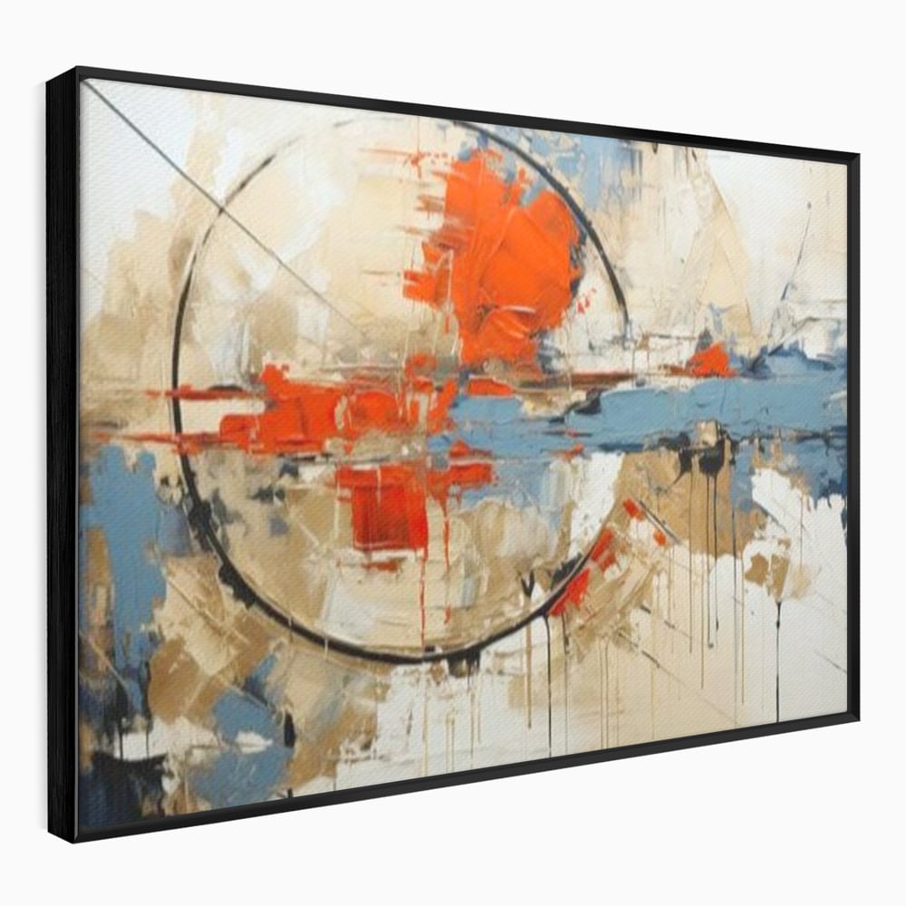 Tablou canvas cu pictura abstracta cu cerc negru si pete rosii, in rama de aluminiu negru